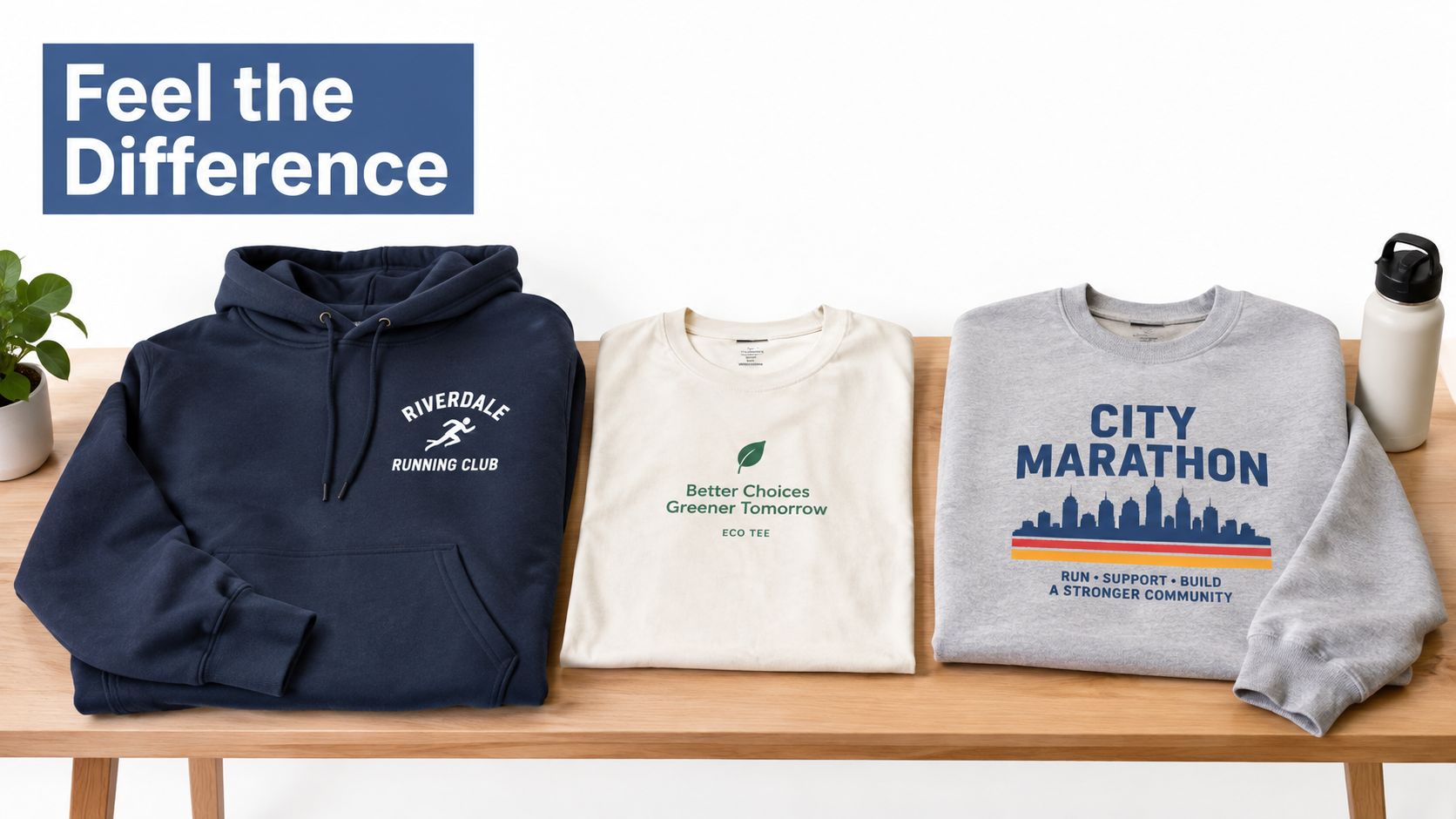 A navy hoodie, a cream t-shirt, and a gray sweatshirt displayed on a wooden table with a bottle.