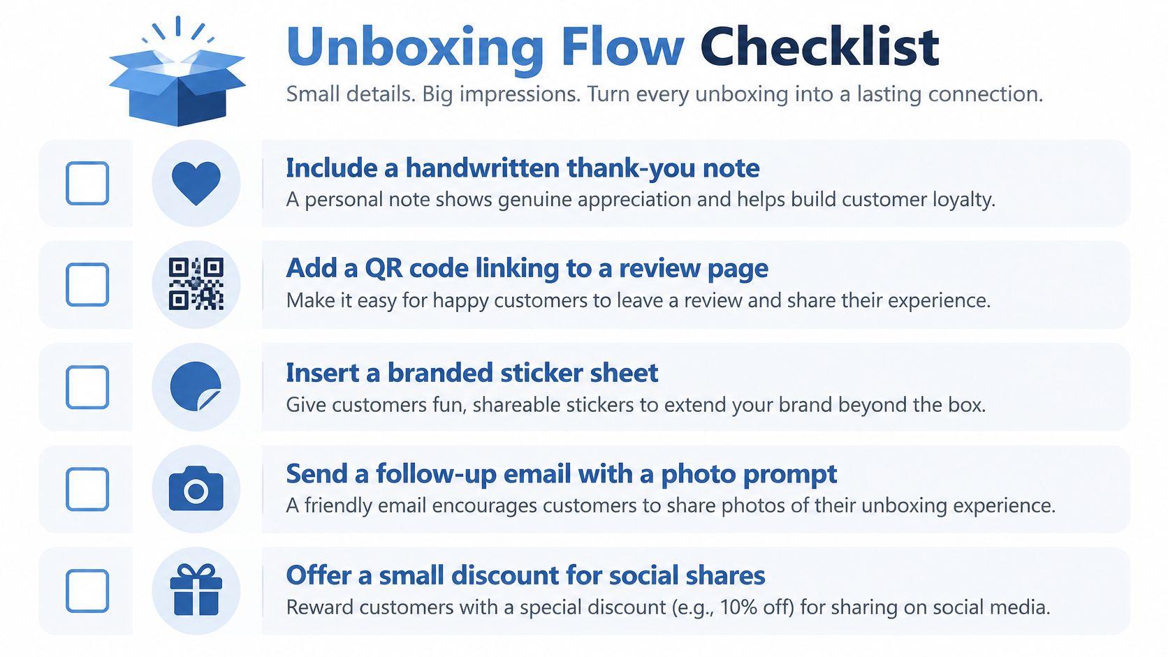 A checklist infographic titled Unboxing Flow Checklist outlining five actionable tips for enhancing customer unboxing experiences.