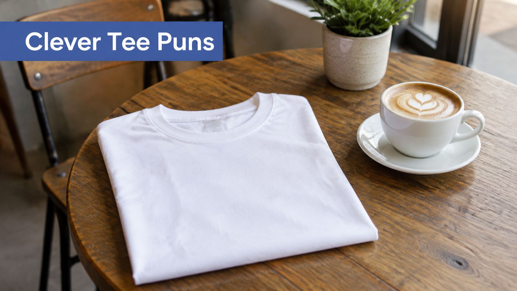 A neatly folded blank white T-shirt rests on a rustic wooden table next to a coffee cup.