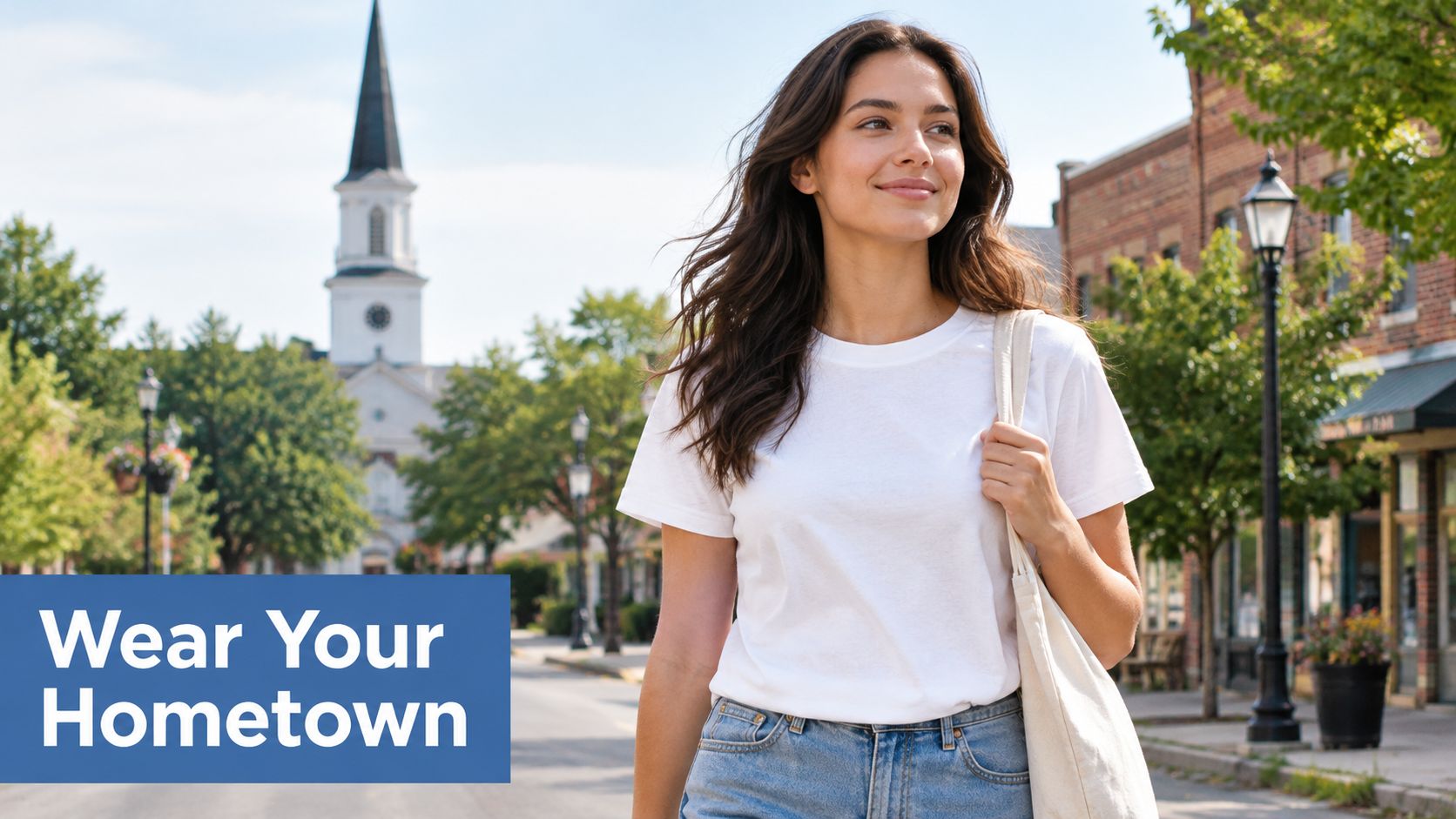 A young woman wearing a plain white T-shirt walks down a sunny street in a small town.