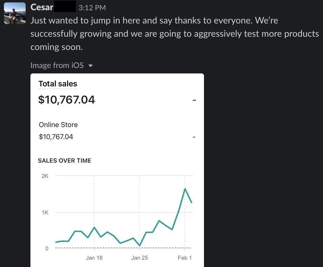 Cesar: first $10,767 month, sales growing fast