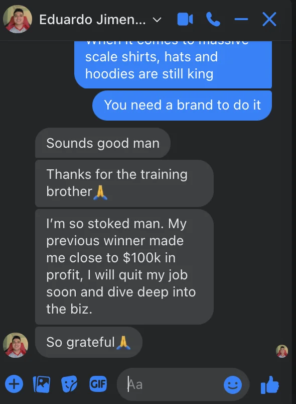 Eduardo Jimenez: close to $100K in profit from a winning product