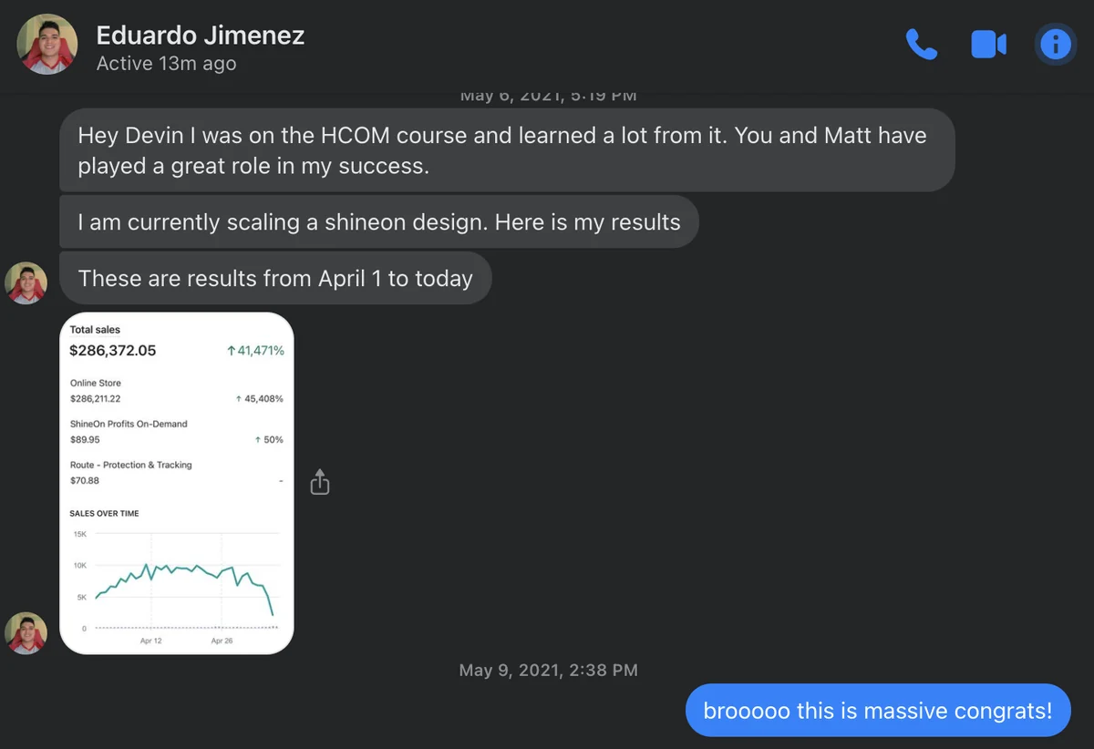 Eduardo Jimenez message to Devin: 286,372 dollars in sales from April 1 to early May