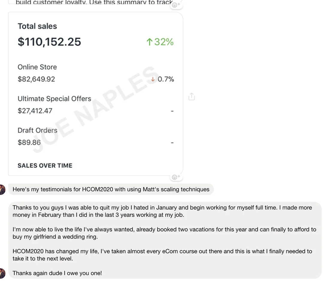 Joe Naples: 110,152 dollars in total sales, quit his job and changed his life